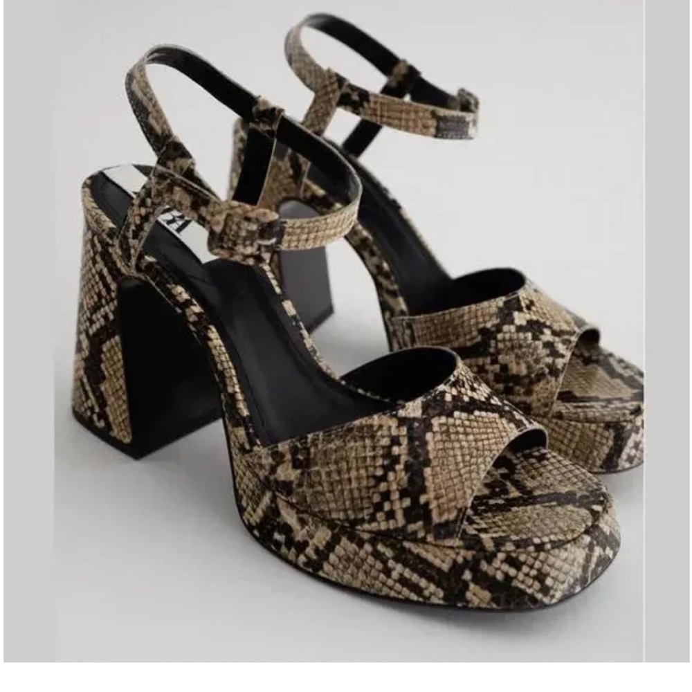 Zara Tan and Black Snake Print Platform Heels